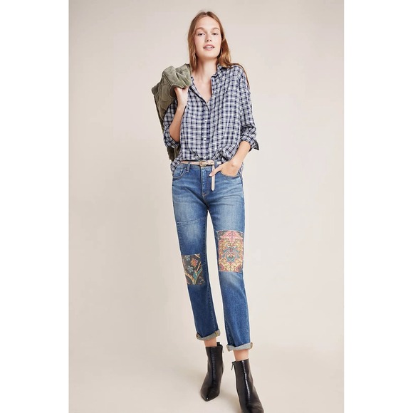 Pilcro Tapestry‎ Mid-Rise Boyfriend Jeans Patchwork Size 28 Boho Festival - Picture 3 of 12